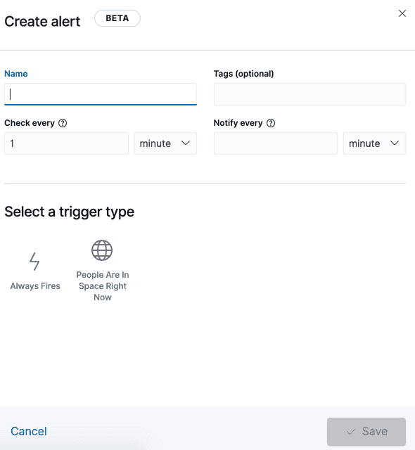 kibana create alert